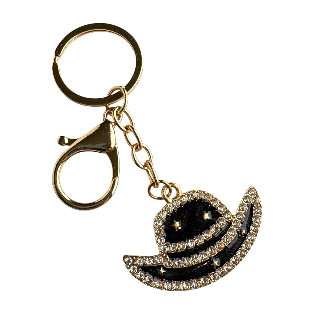 Gold Black Cowboy Hat Key Chain 4" Rhinestone Bling Charm Metal Western Keychain